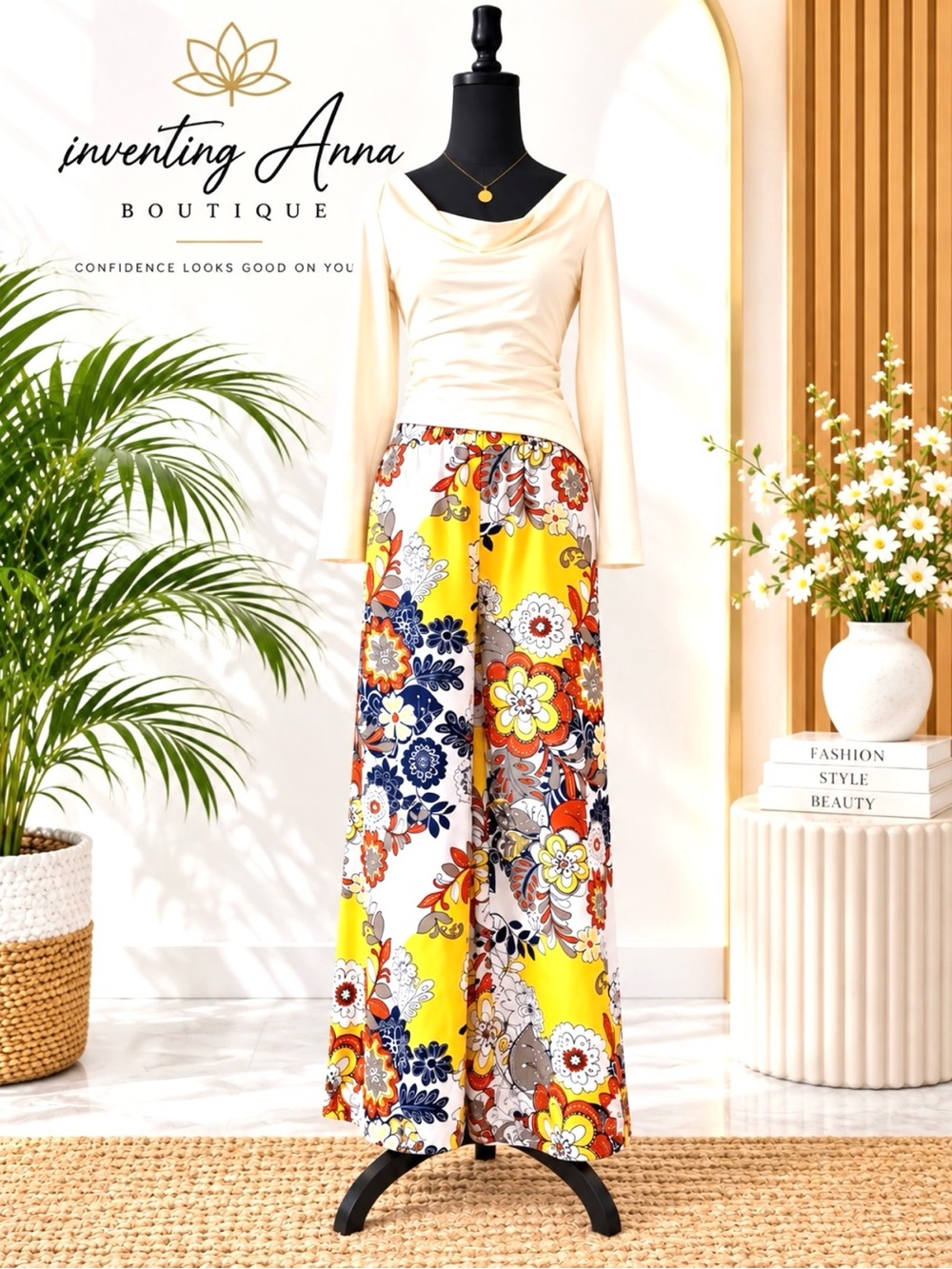 Charlies Yellow Blue Floral Wide Leg Palazzo Pants Elastic Waist M